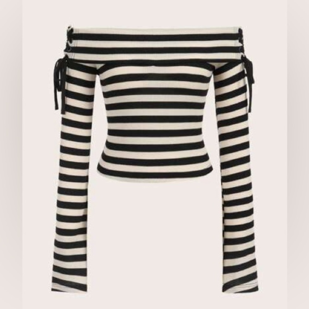 SHEIN Curve Off the Shoulder Striped Lace Up Shirt